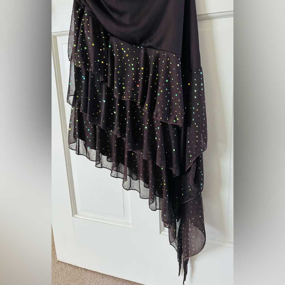 Vintage 90s A. Byer Brown Halter Dress Asymmetrical Sequin Tiered Flutter Size L - Picture 3 of 15